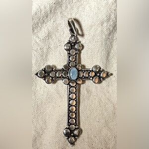 VINTAGE 925 BA Suarti Sterling Silver Opal Cross Pendant 3” L